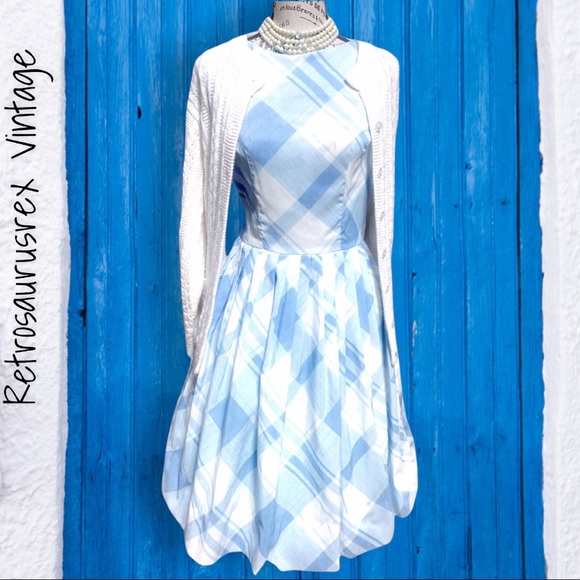 Vintage 1950’s Blue & White Plaid Sleeveless Circle Skirt Dress, Dress de Ville - Picture 7 of 8